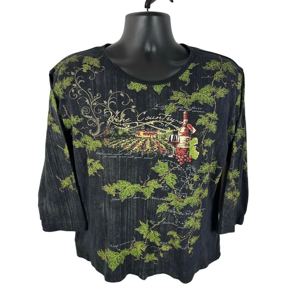 Y2K Women's 3/4 Sleeve Top Wine Country Leaves Vineyard Graphic Size XL Black